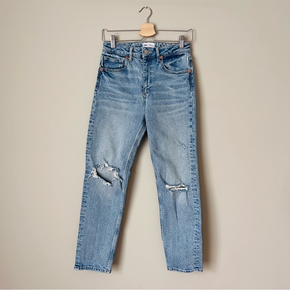 {Zara} Slim Fit High Rise Ripped Blue Jeans - Picture 2 of 3
